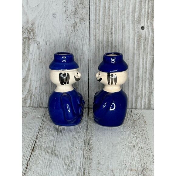 Vintage Set of 2 Miniature Bud Vases Candle Holders Little Mustached Men - Picture 3 of 6